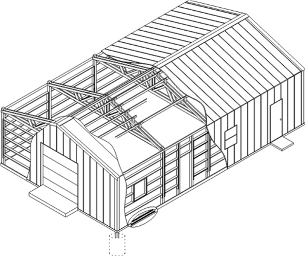 A drawing of an unfinished house with the roof up.