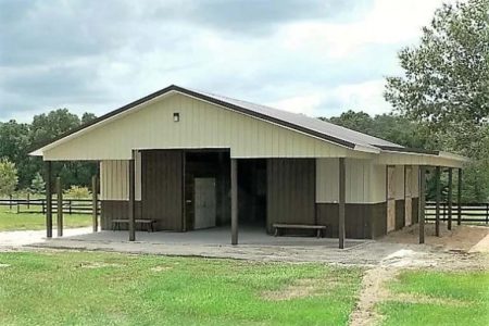 36' X 48' X 10' TIMBERCRAFT HORSE STABLE WITH 6' X 36' SHEDROW ROOF EUSTIS, FL