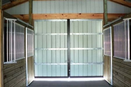 TIMBERCRAFT HORSE STABLE METAL SIDING CLAD SLIDING DOOR SYSTEM INTERIOR OPTION